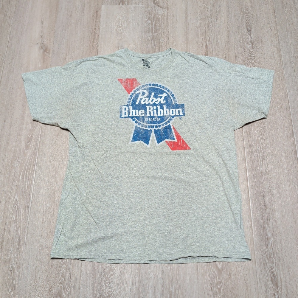 Pabst Blue Ribbon Graphic Tee Mens XXL Grey PBR Distressed Logo Shirt Faded 2XL